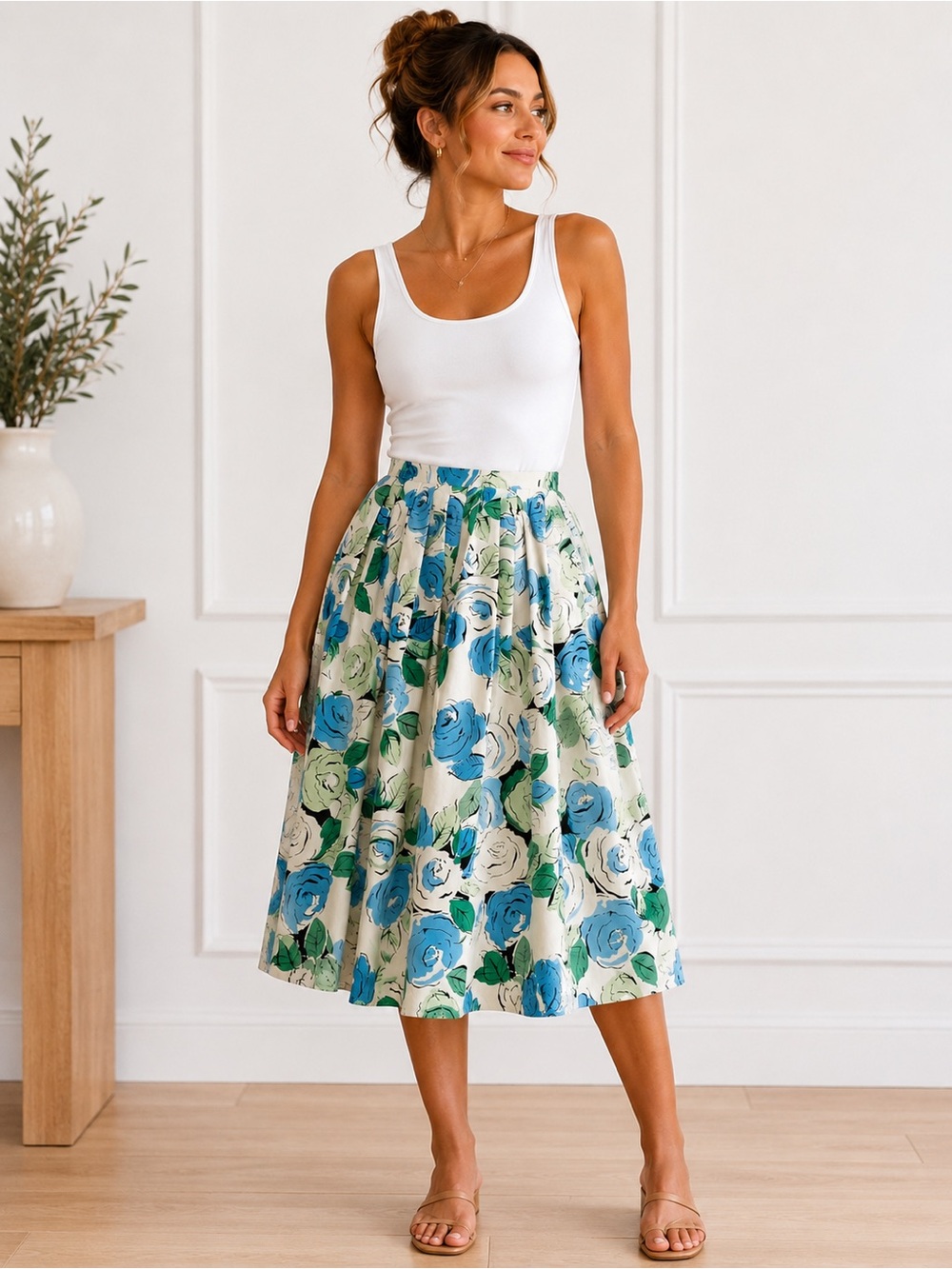 Ann Taylor Loft Floral Midi Skirt Blue Green Botanical Garden Girl Cotton Size 4